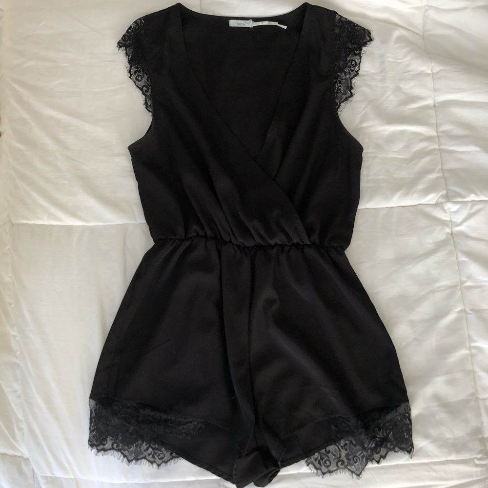 Wrap Front Romper with Lace Trim